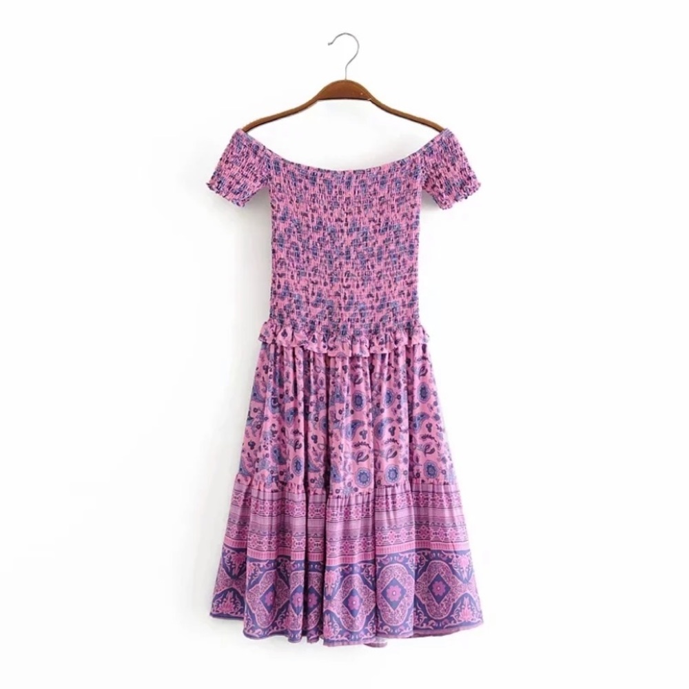 Purple Pink Floral Smocked Boho Off Shoulder Dress - Picture 7 of 8